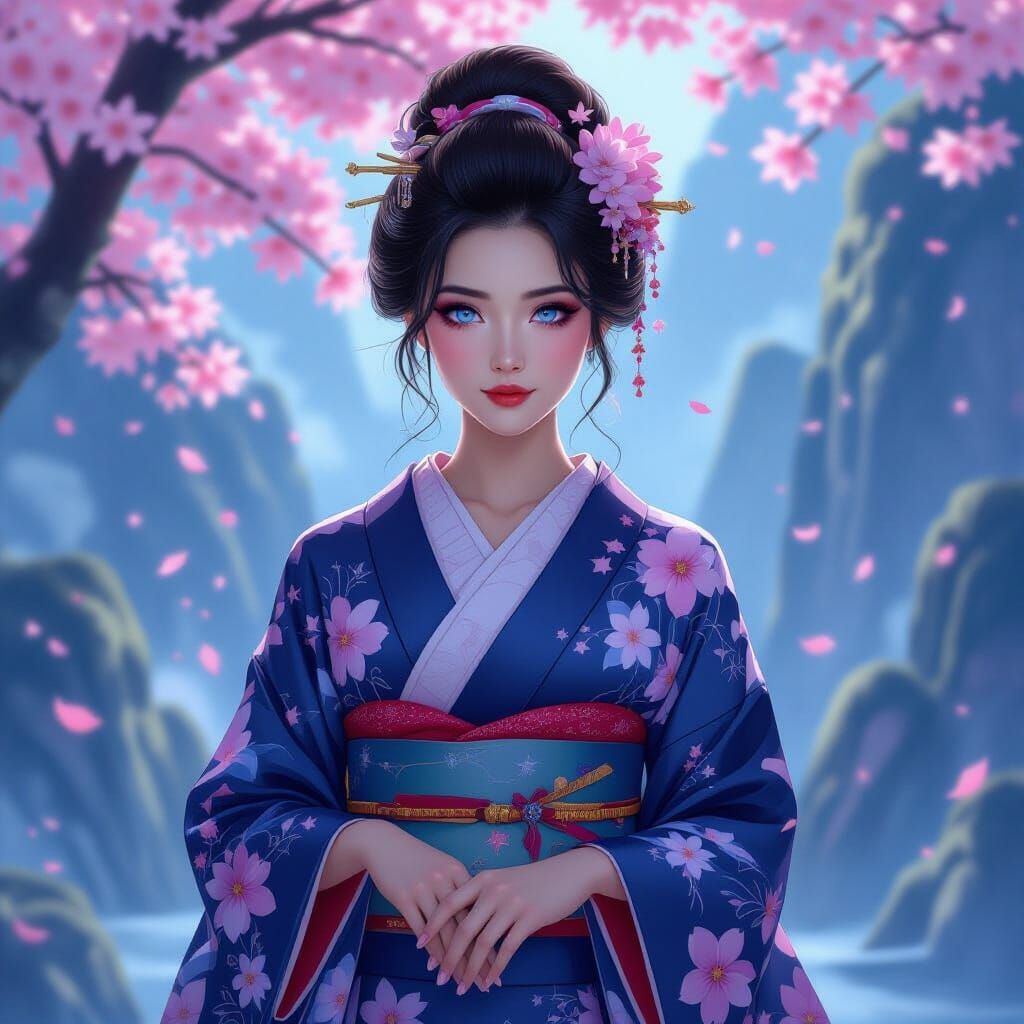 Celestial Empress in Starlight Kimono: Dreamlike Digital Art
