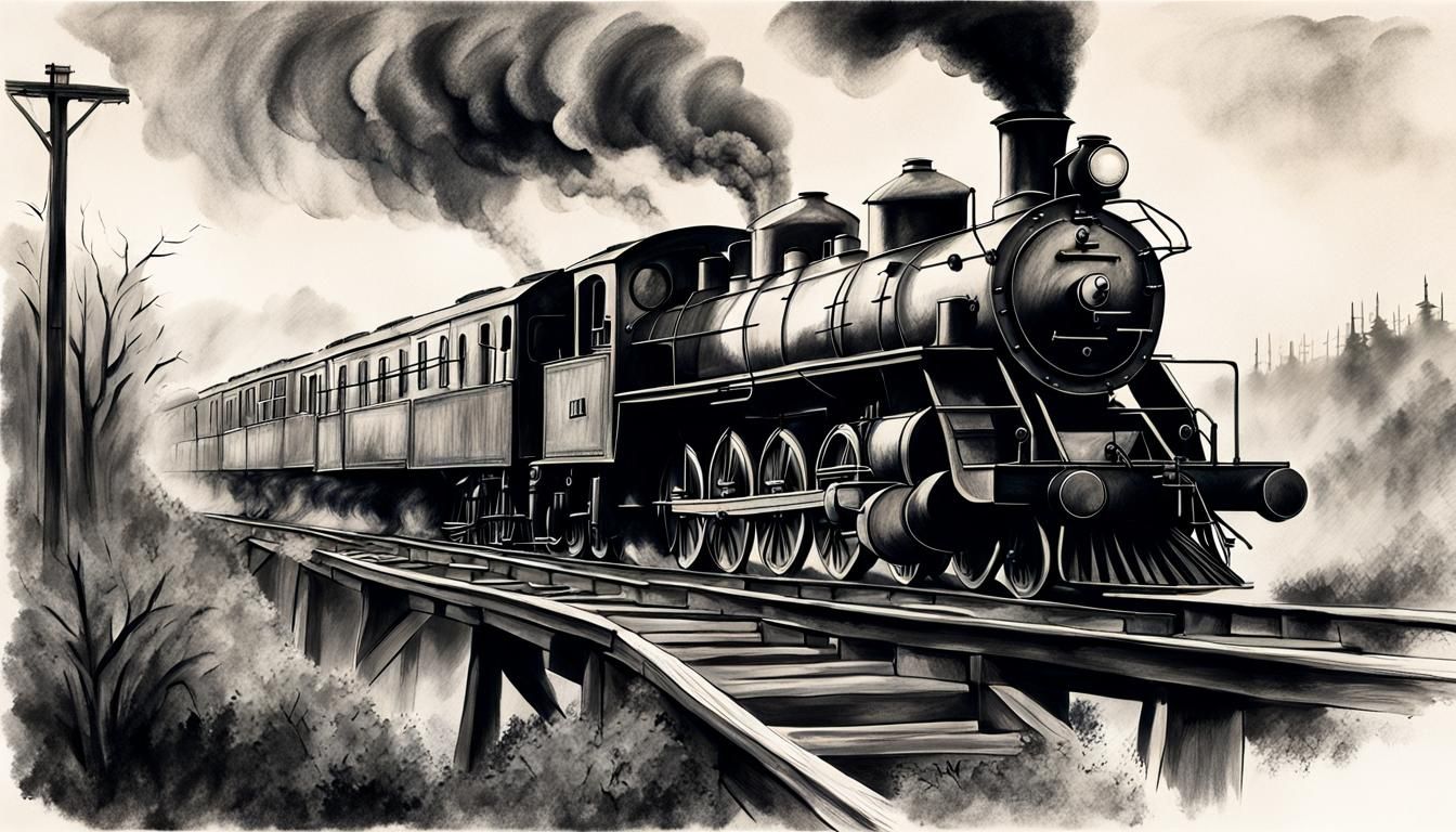 Steam Train Crossing Trestle Bridge in Charcoal