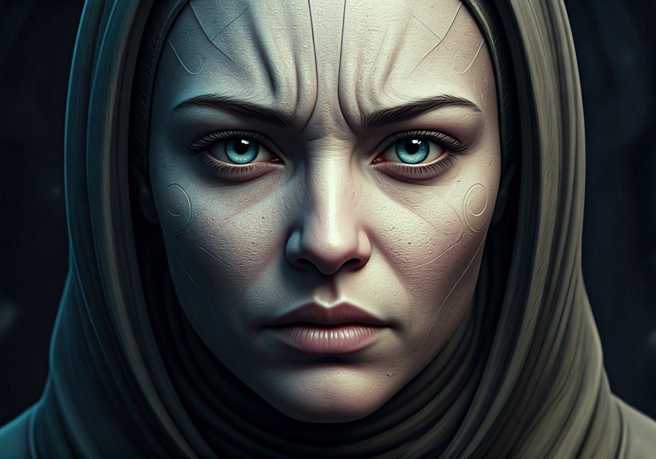 Gloomy Dystopian Woman: 3D Marble Relief Sculpture