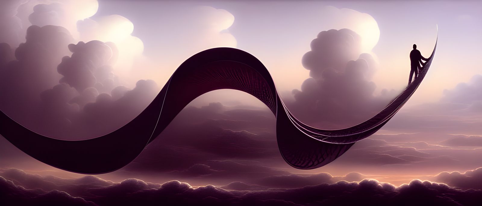 Surreal World Walker on Metal Archway in Clouds