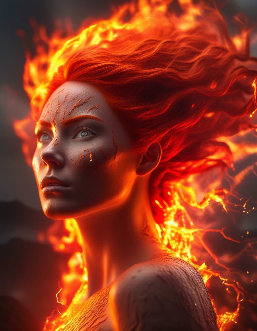 Hyper-Realistic Fire Goddess in a Lightning Storm