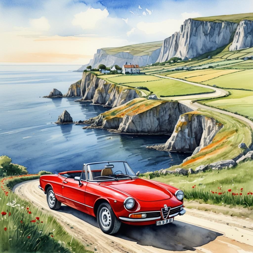 Red 1969 Alfa Romeo Spider: Watercolor Coastline Drive