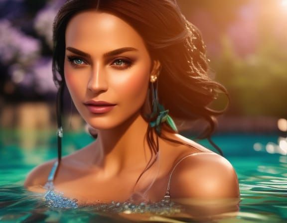 Girl Backfloating in Pool: Baroque Ink Illustration