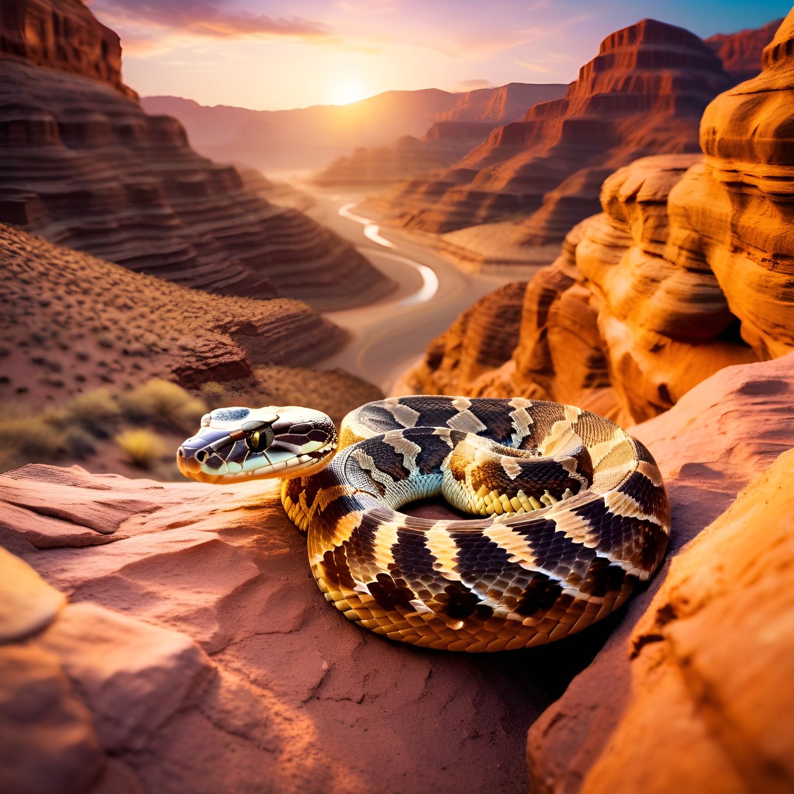 Rattlesnake Portrait in Desert Canyon at Sunset
