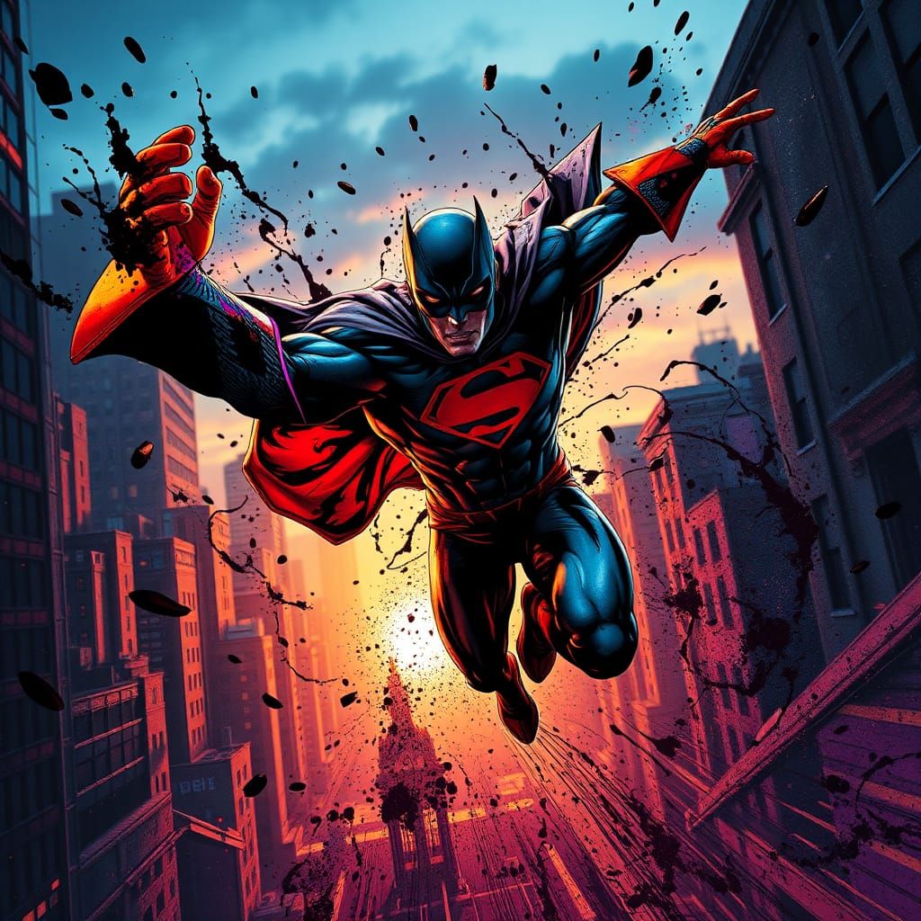 Superhero in Ink Splatter Cityscape: Matte Painting