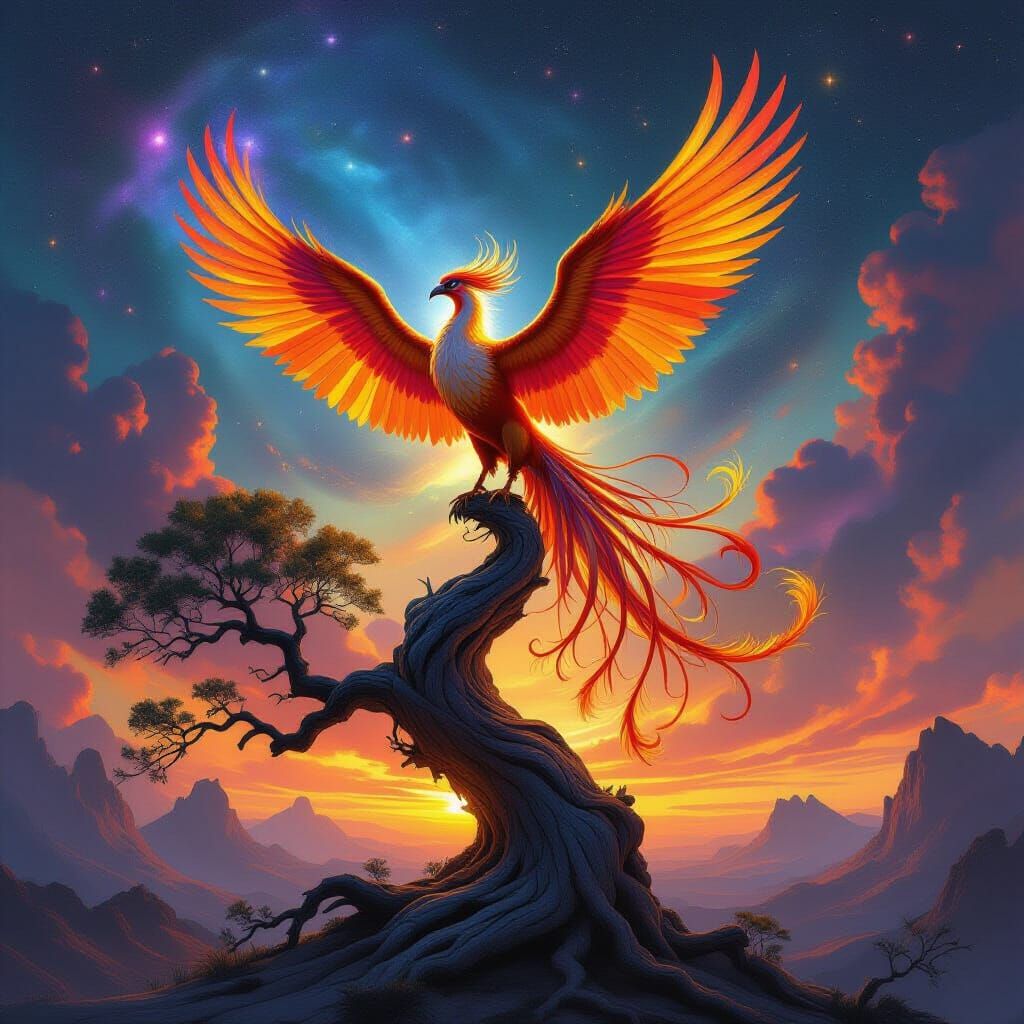 Majestic Phoenix on Ancient Tree Amidst Cosmic Nebula