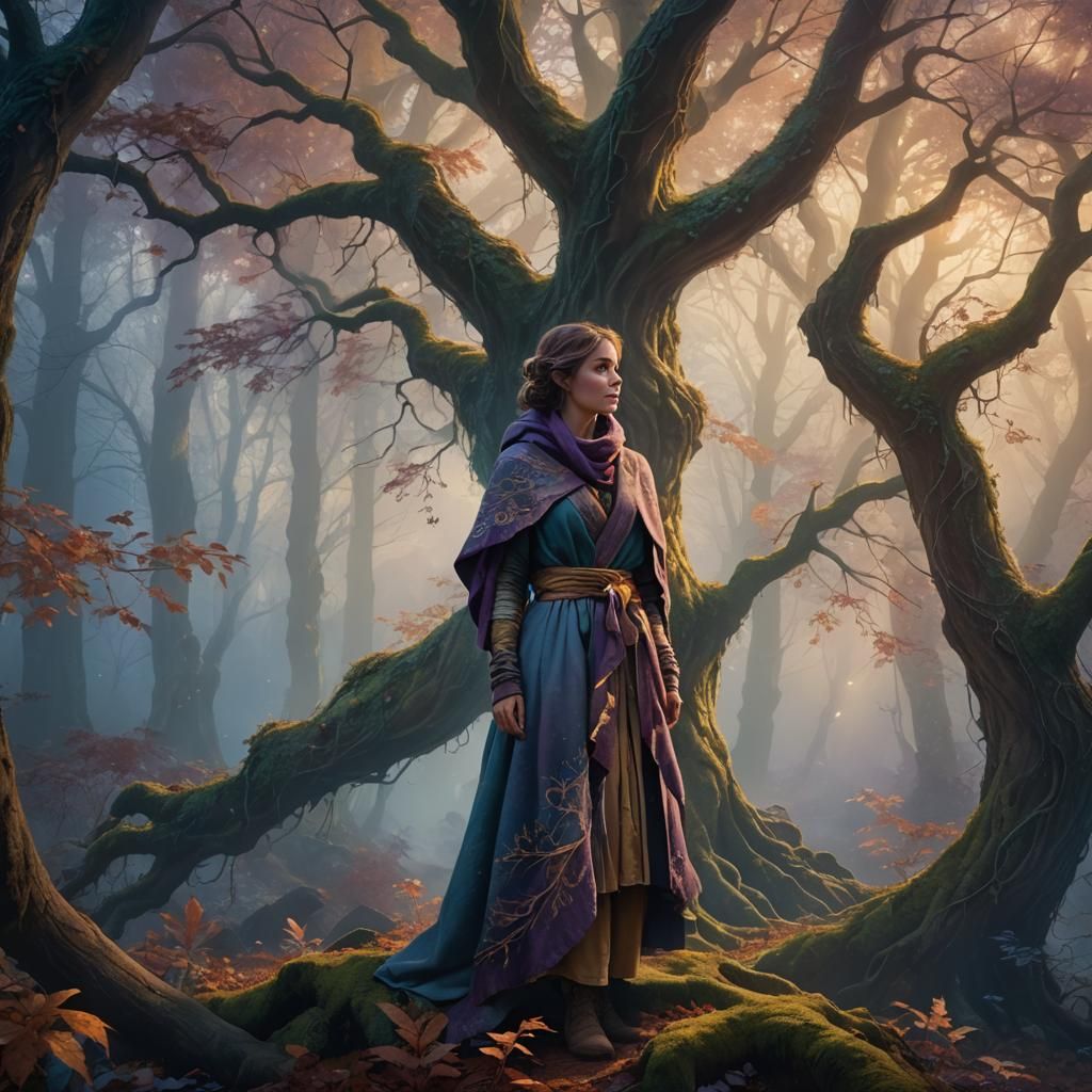 Mystical Forest: Woman and Glowing Ancient Tree