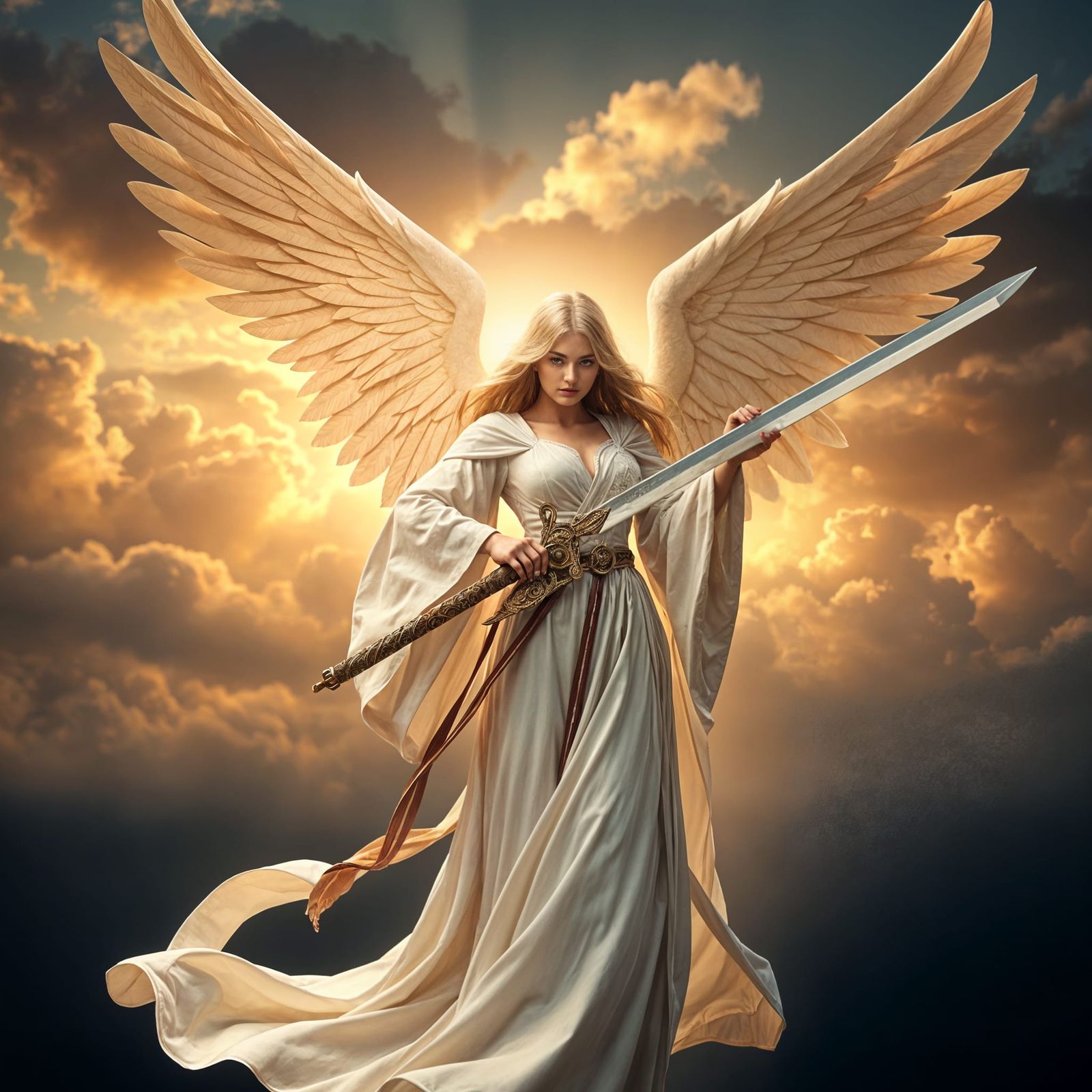 Fantasy TCG style female angel with long sword, 3d art, extr...
