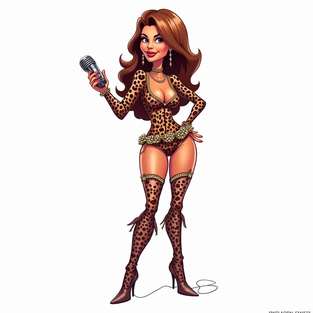 Glamorous Shania Twain Cartoon Caricature in Leopard Print