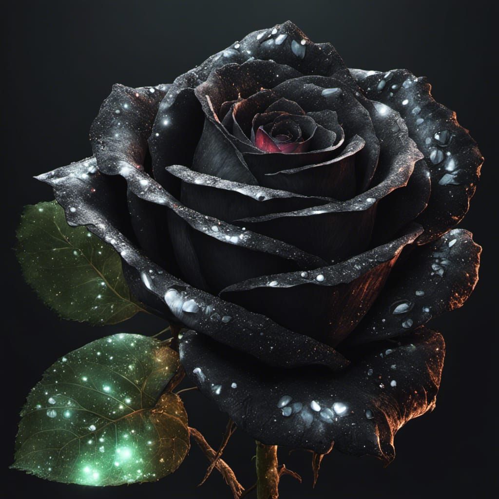 Cosmic Black Rose in Sparkling Glass: Photorealistic Art