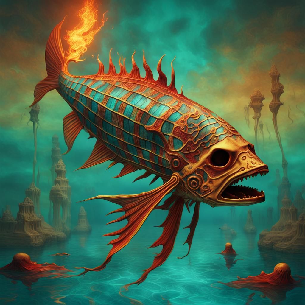 Flaming Skeleton Fish in Ancient Egyptian Surrealism