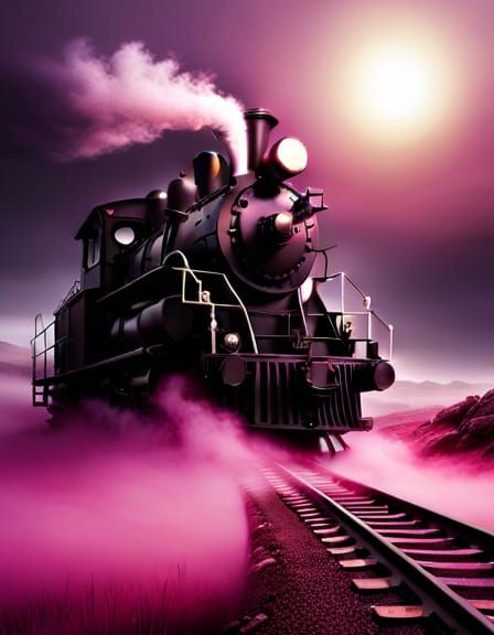 Antique Train in Pink Fog: Expressionist Matte Painting