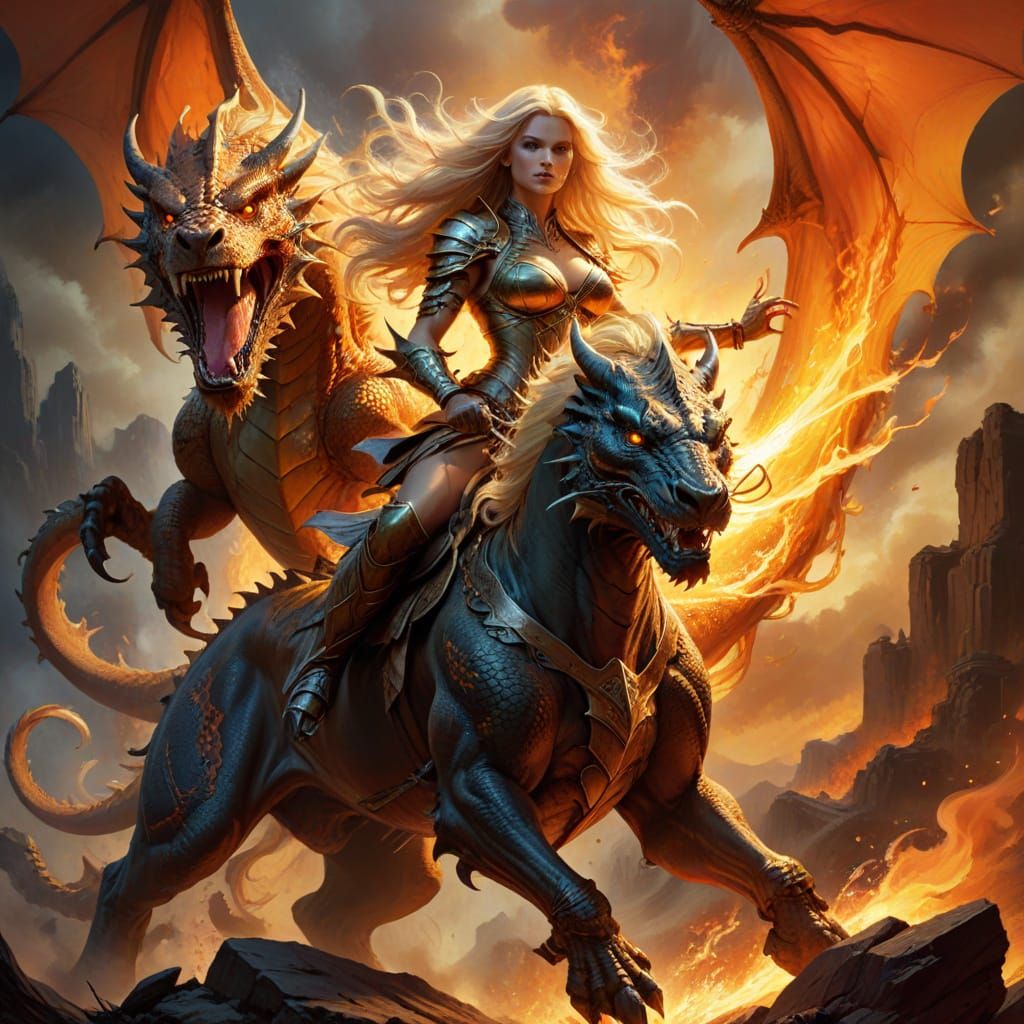 Golden Goddess Rides Dragon in Fiery Sunset