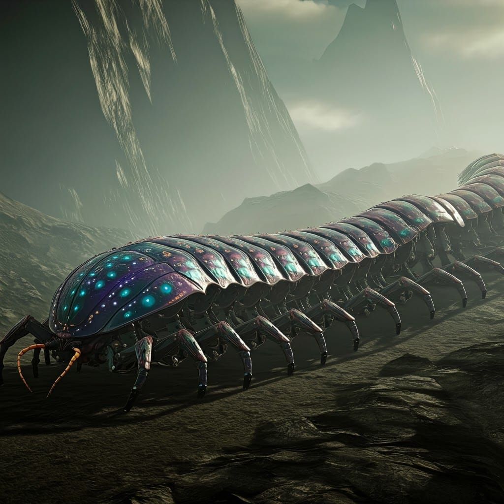 Futuristic Mechanical Centipede Vehicle in Dystopian Landsca...