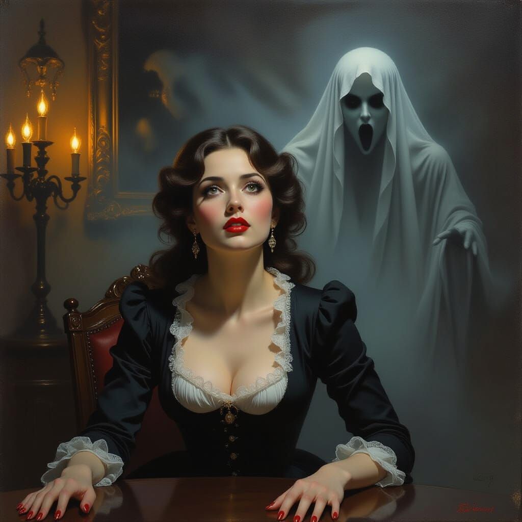 Terrified Woman Fleeing Ghost in Dark Oil Painting