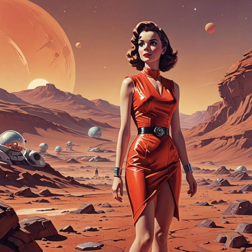 Martian Woman on Mars: Retro-Futuristic Illustration