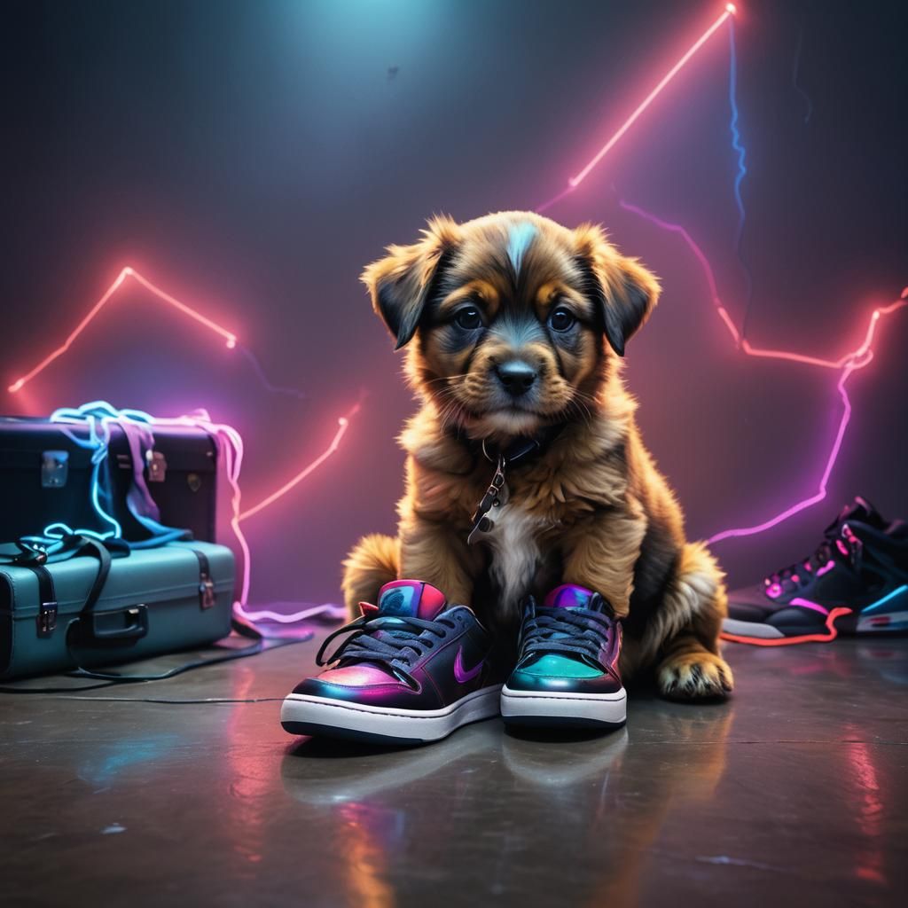 Fluffy Puppy and Air Jordans in Oil Painting Style