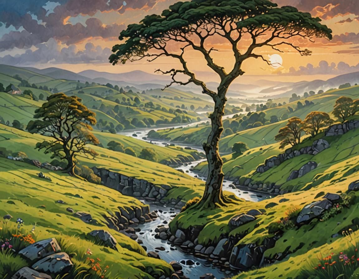 Irish Landscape Painting in Folk Art Style