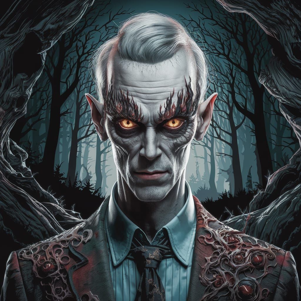 Slender Man with Demonic Eyes in Dark Forest