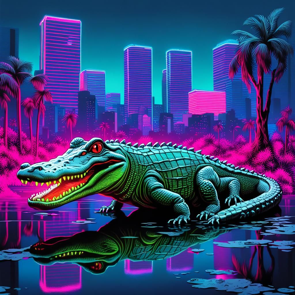Synthwave Punk Alligator in Neon Swamp City