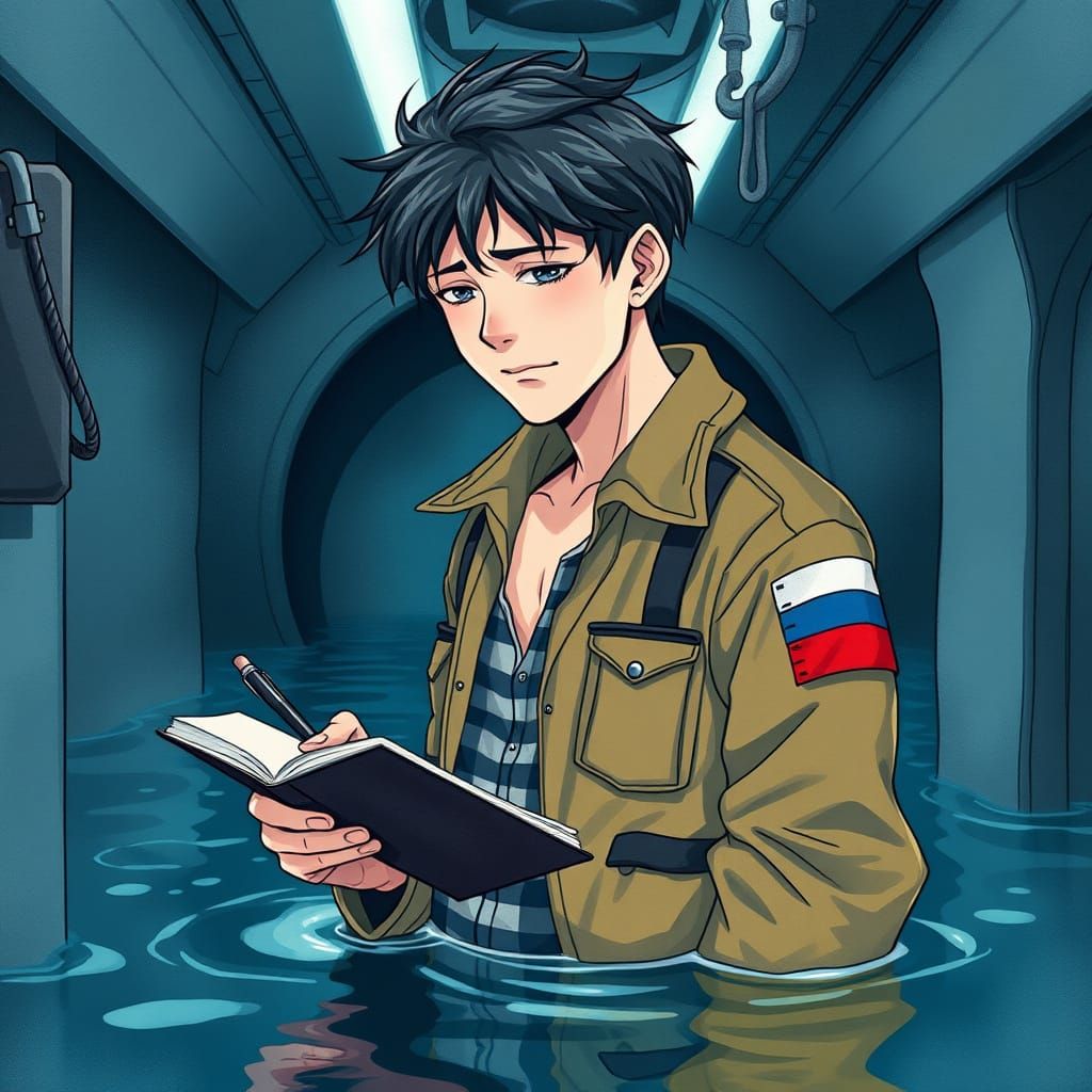 Sad Submariner Writing in Flooded Compartment