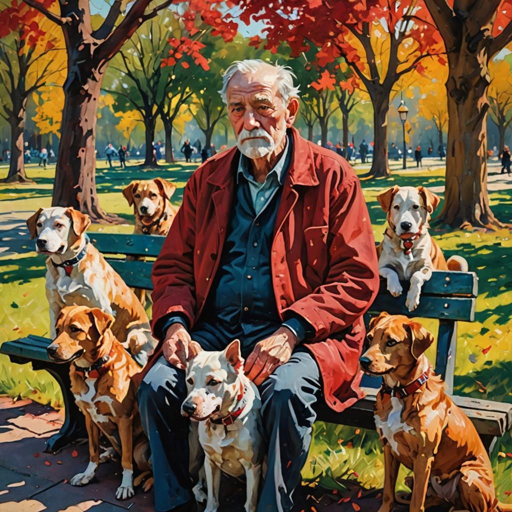 Expressionist Painting: Old Man with Dogs in Park