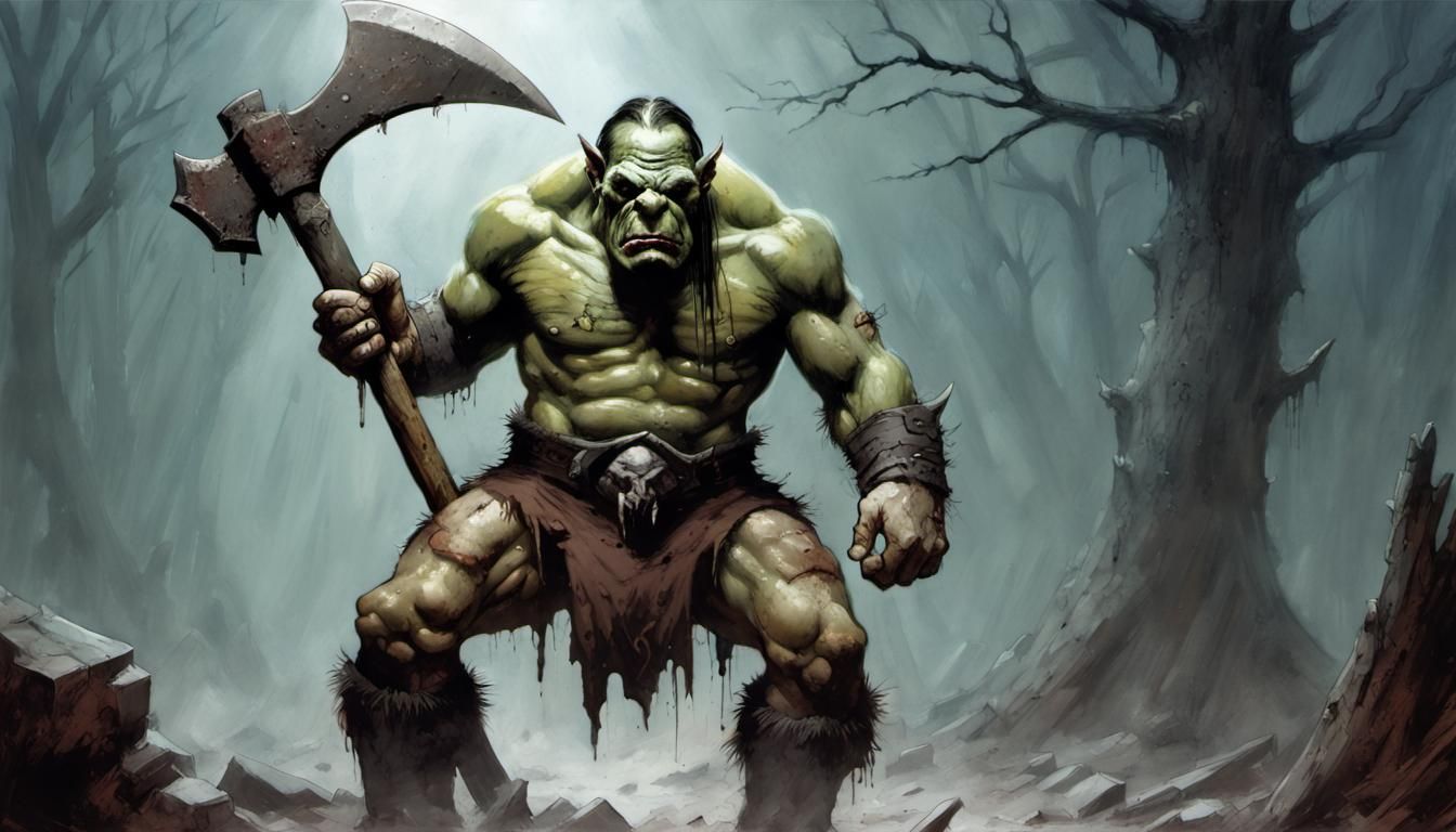 Beast evil (orc massive:1.5); violent+intoxicated+murderous (Battle Axe:1.3). Art style by Frank Miller/Kelly Freas/Ger...