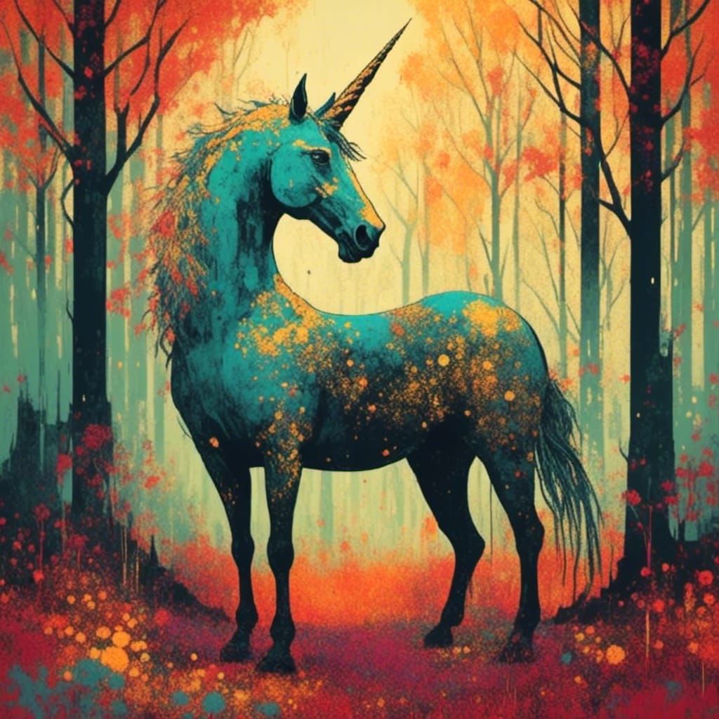 Unicorn Grazing in Mythology Forest, Pop Art Style