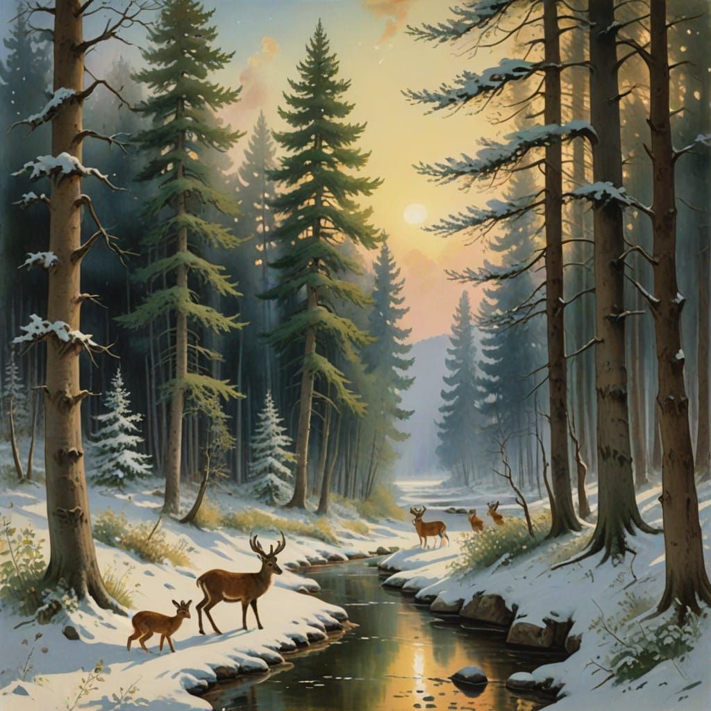 Snowy Pine Forest Scene in Soft Focus with Deers and Rabbits