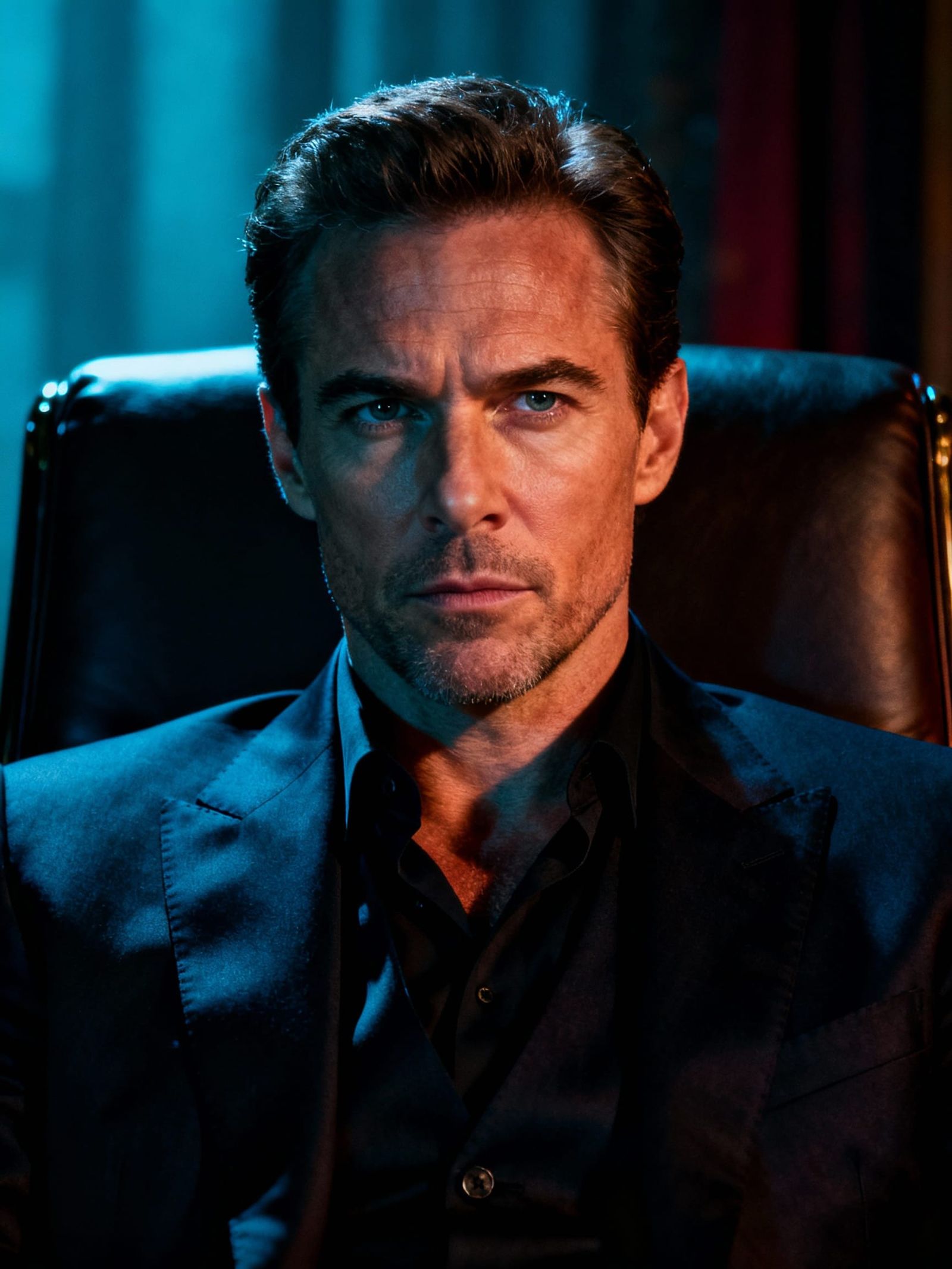 Cinematic Portrait of Powerful Man in Armchair