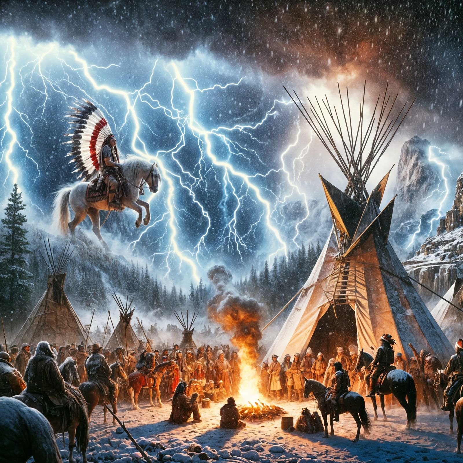 Tribal Chief Surrounded by Stormy Wilderness in a Hyperreali...
