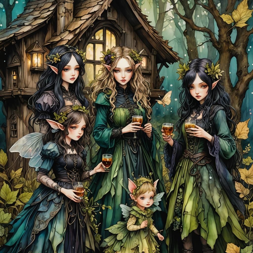 Dark Fairies Swap a Changeling, Alcohol Ink Art