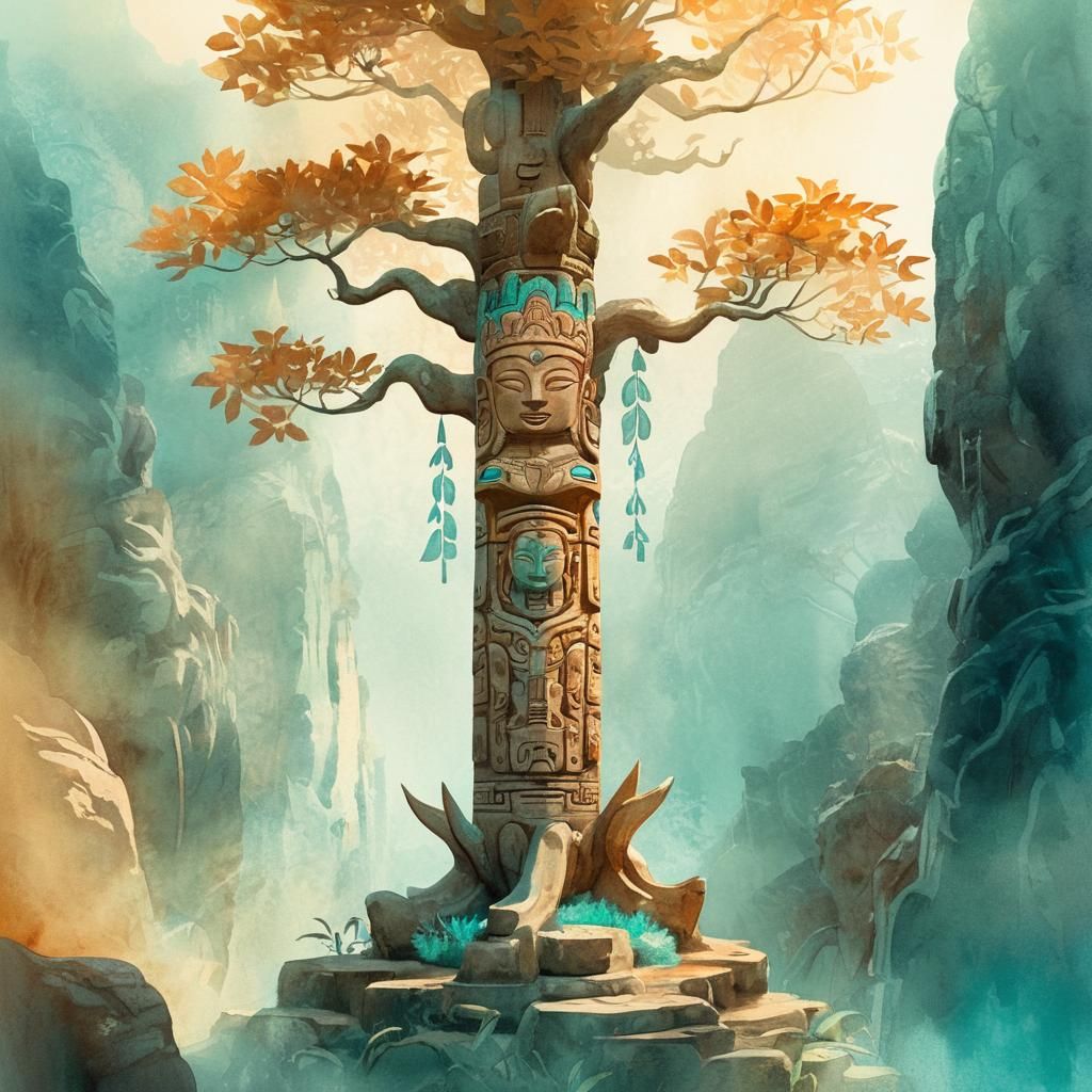 Ancient Lotus Tree Totem in Watercolor Style