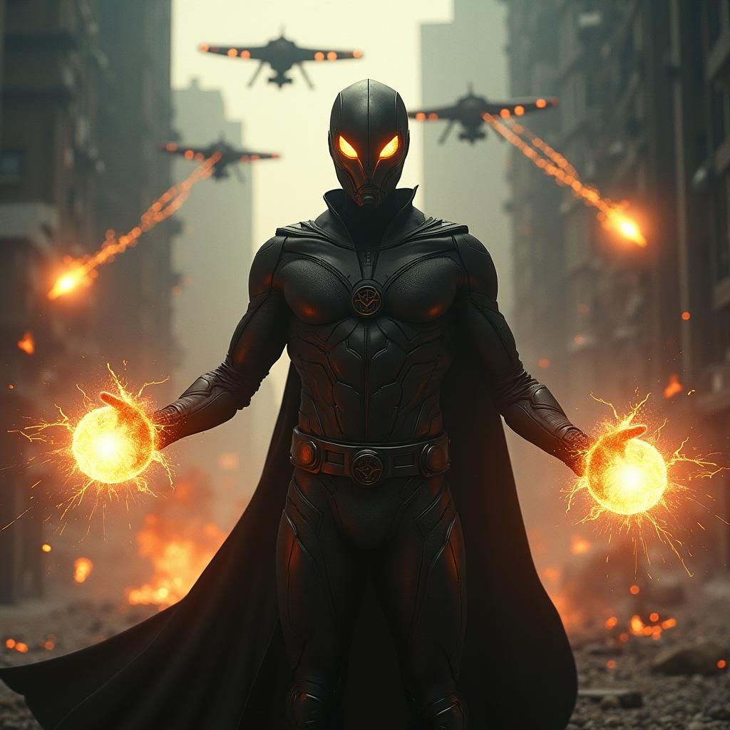 Hero in Cyberpunk Cityscape Under Alien Siege