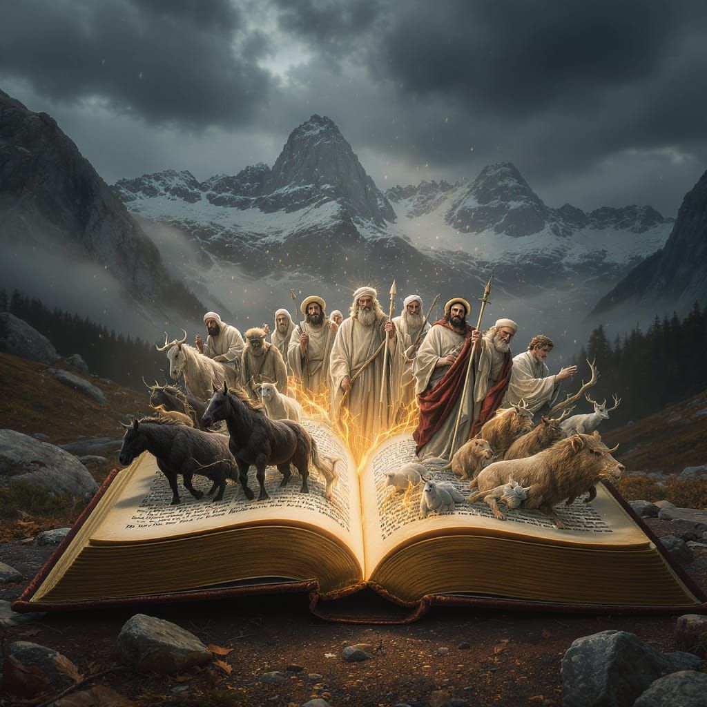 Bible Characters Emerge from Open Bible in Mountain Landscap...