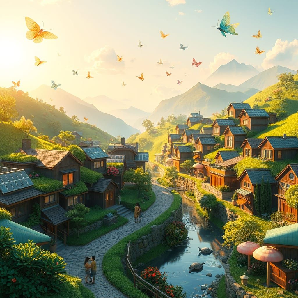 Solarpunk Valley Settlement in Whimsical Art Nouveau Style