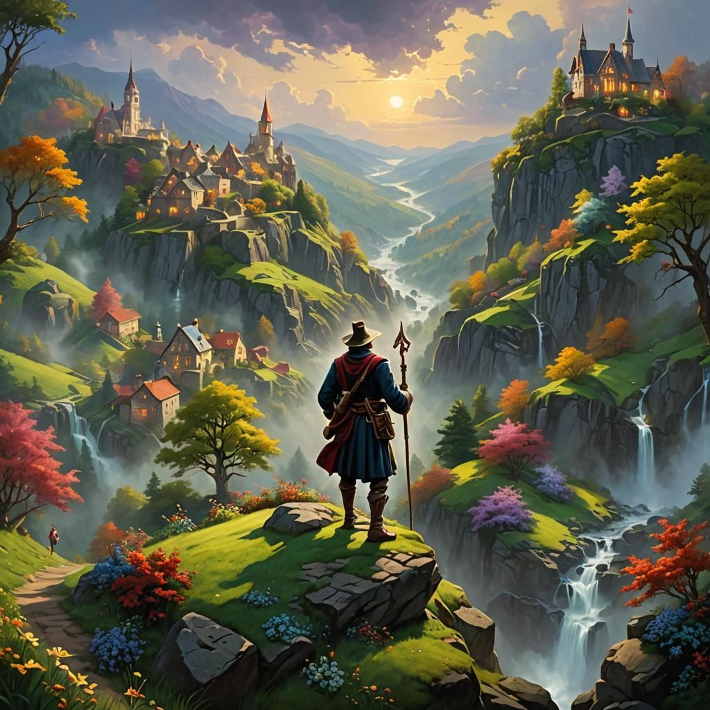 Hyperrealistic Fool on the Hill in Ethereal Mist