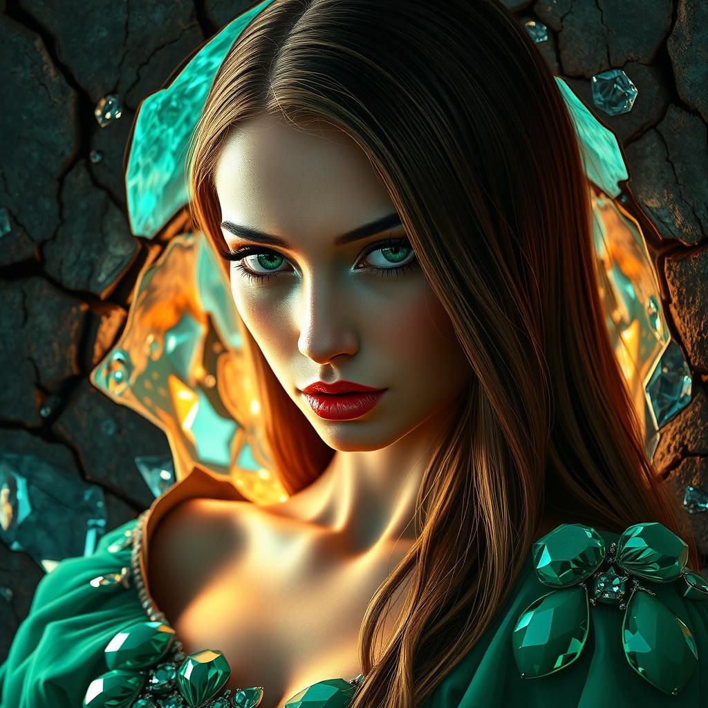 Woman Emerges from Diamond with Art Nouveau Flair