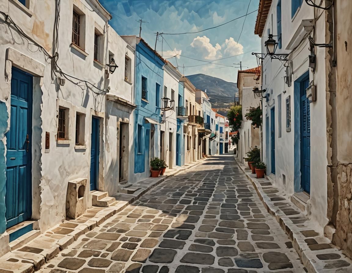 Abstract Greek Street Scene with Complementary Colors