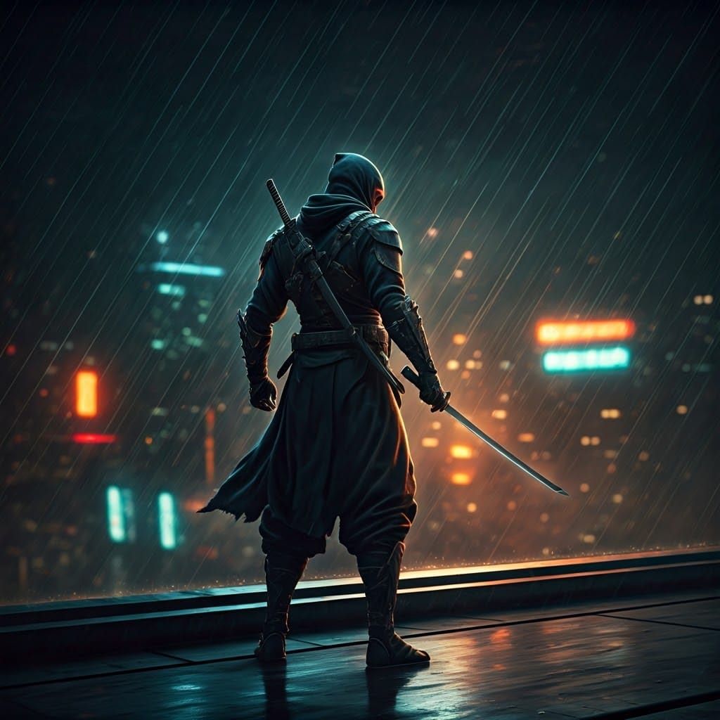 Ninja Assassin Silhouetted Against Neon Cityscape