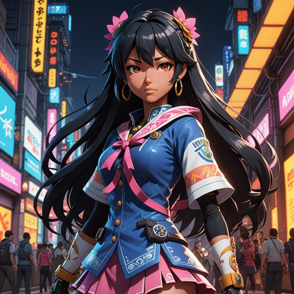 Futuristic Schoolgirl Heroine in Vibrant, Intricately Detail...