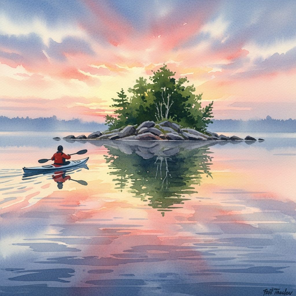 Watercolor Kayak at Sunset on Quiet Lake