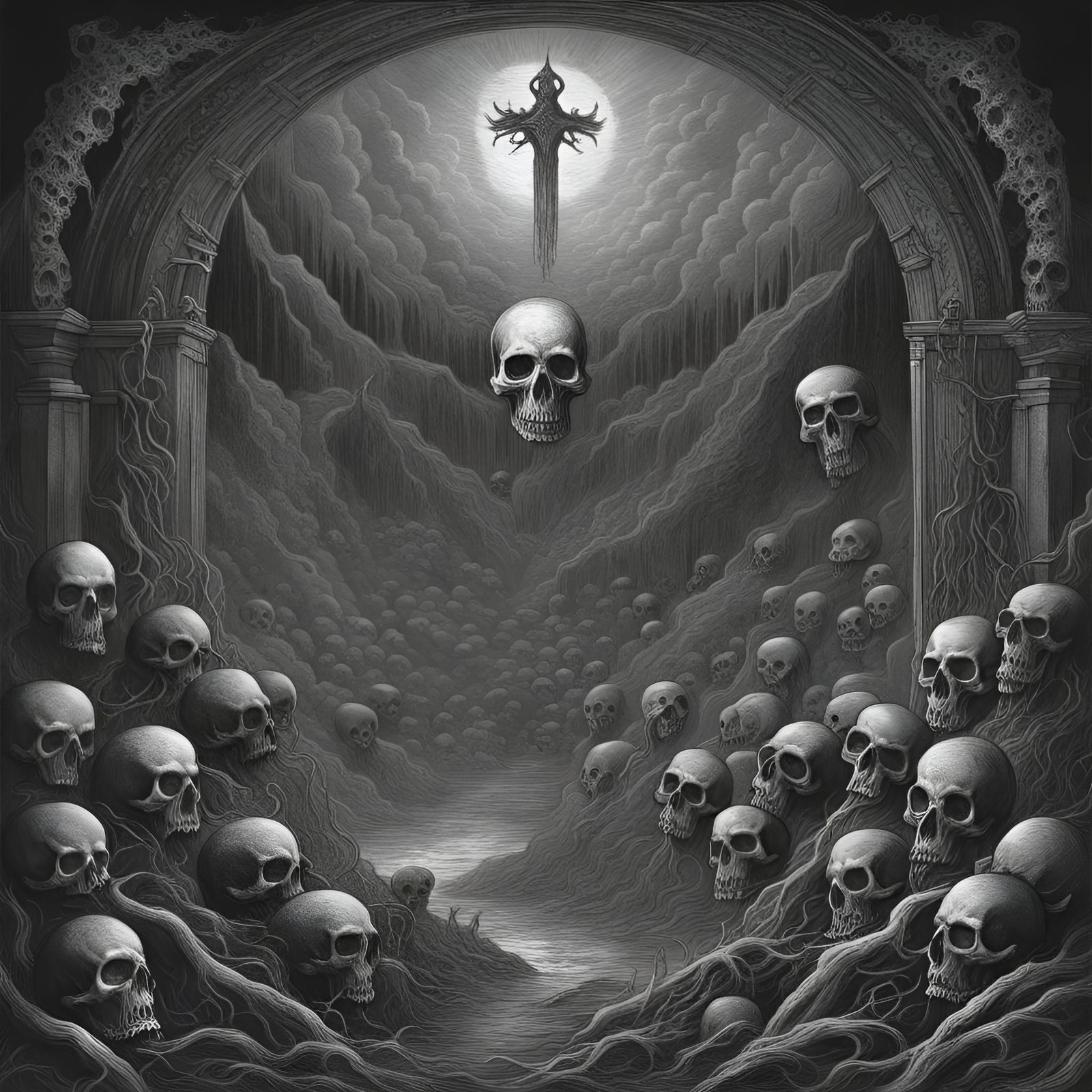 Hellish Landscape with Skulls and Celtic Patterns