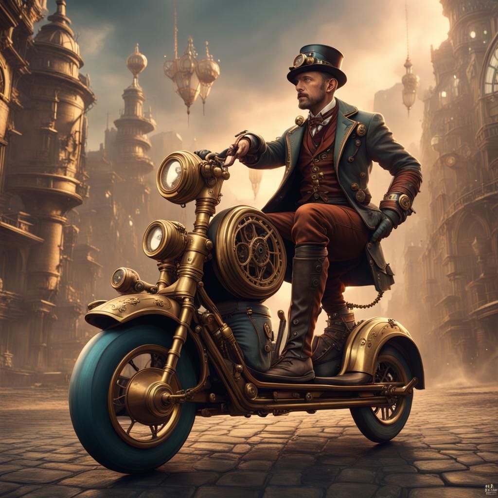 Steampunk Man on Scooter: Detailed Matte Painting