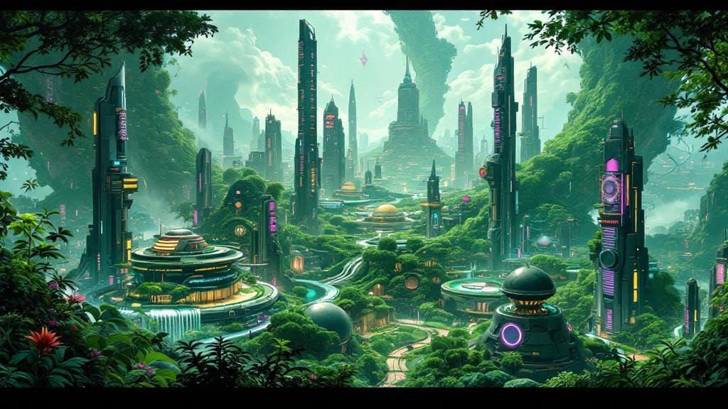 Futuristic Cityscape Blends Nature and Cyberpunk