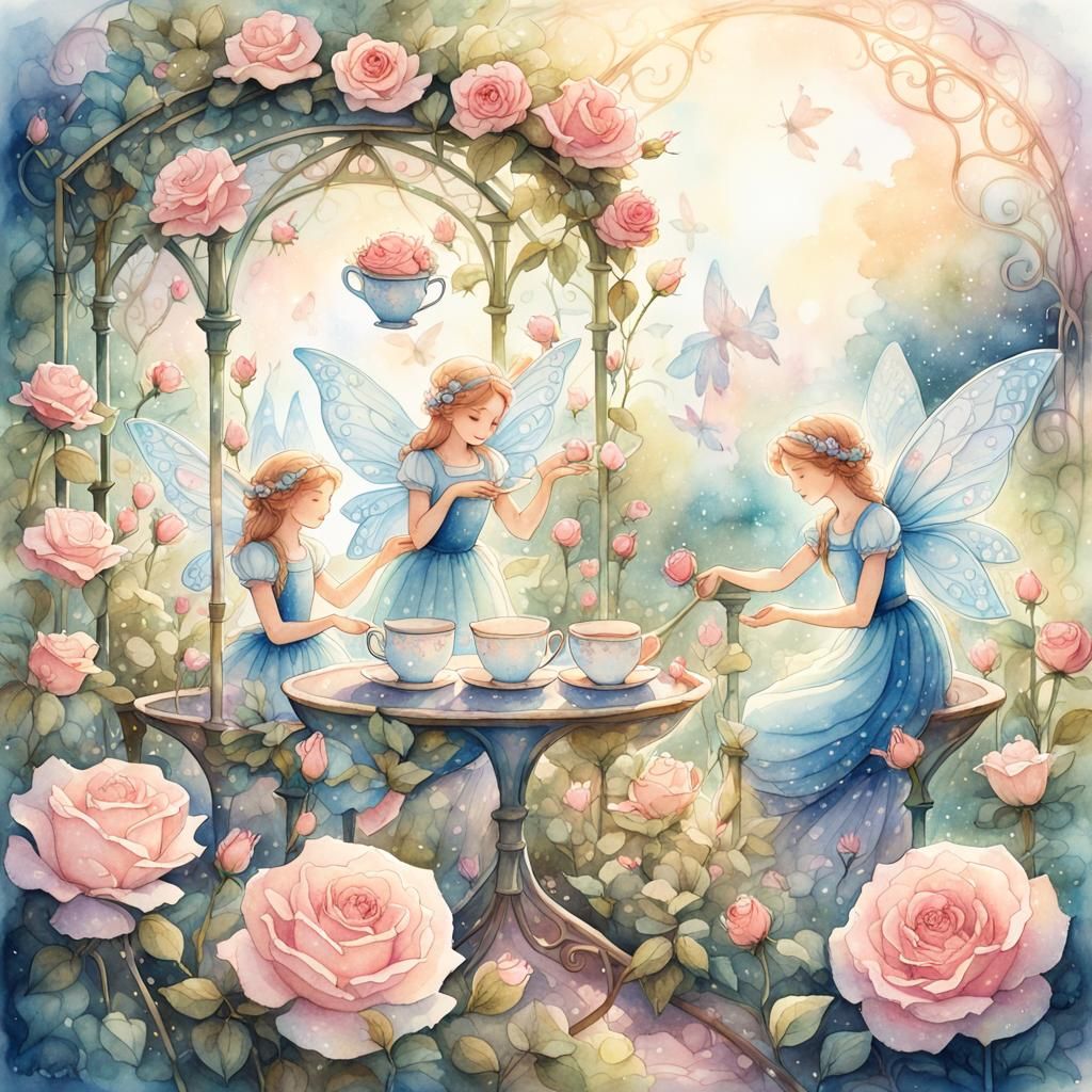 Earth Fairies Tend Rose Garden in Teacups