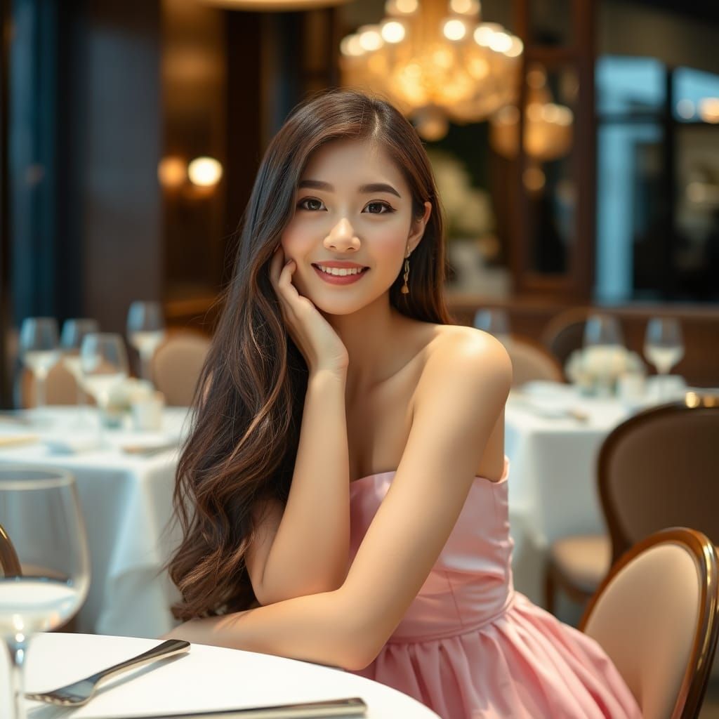 Korean Woman in Pink Gown at Luxury Restaurant