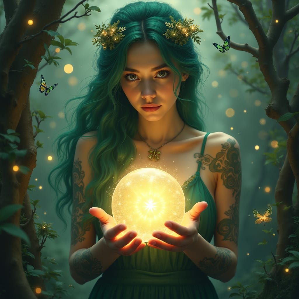 Enchanted Forest Nymph with Glowing Tattooed Hands and Ether...