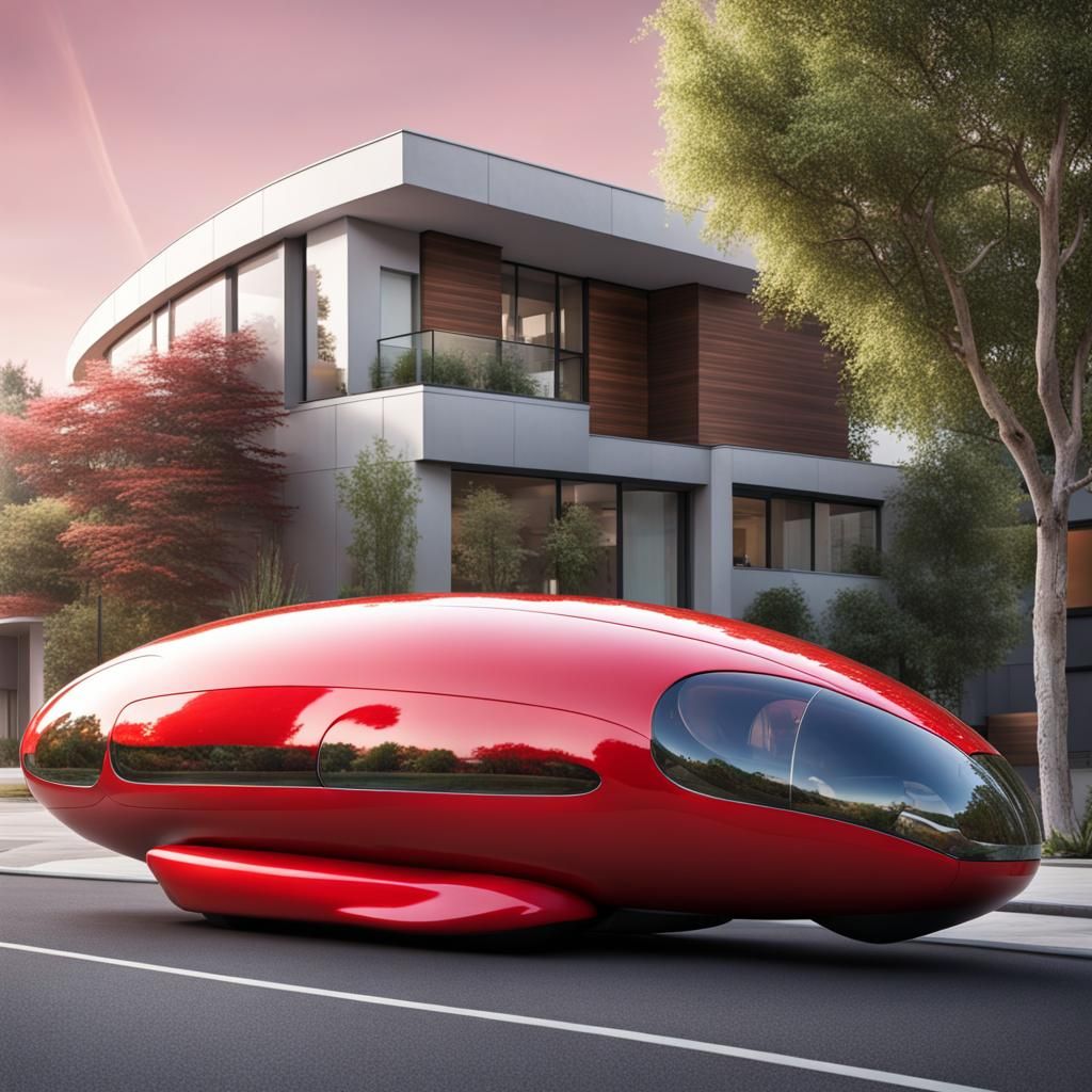 Futuristic Red Bubble Car on Suburban Street