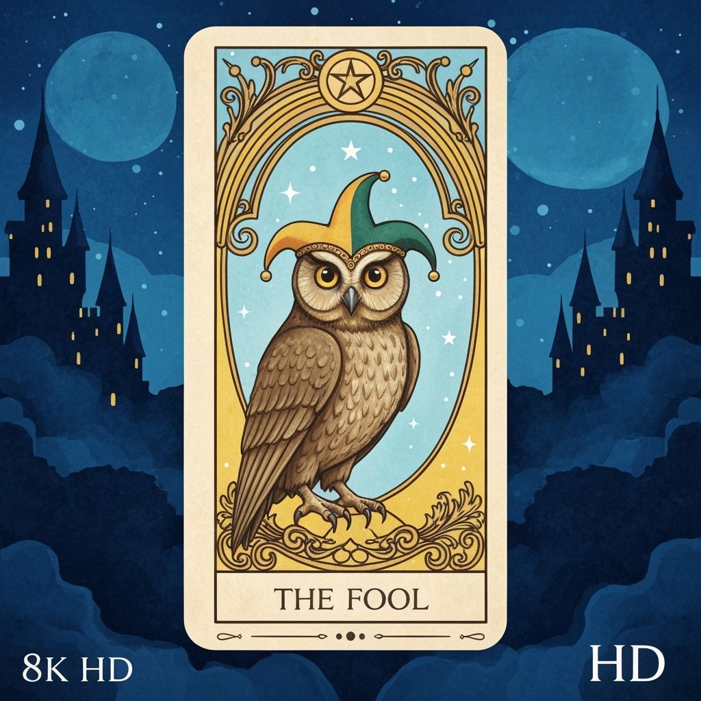 Tarot Fool Card: Jester Owl in Dreamlike Night Castle